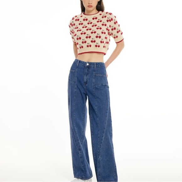 Cider Sweaters - Cider Cherry Pattern Knitted Crop Top With Contrasting Binding